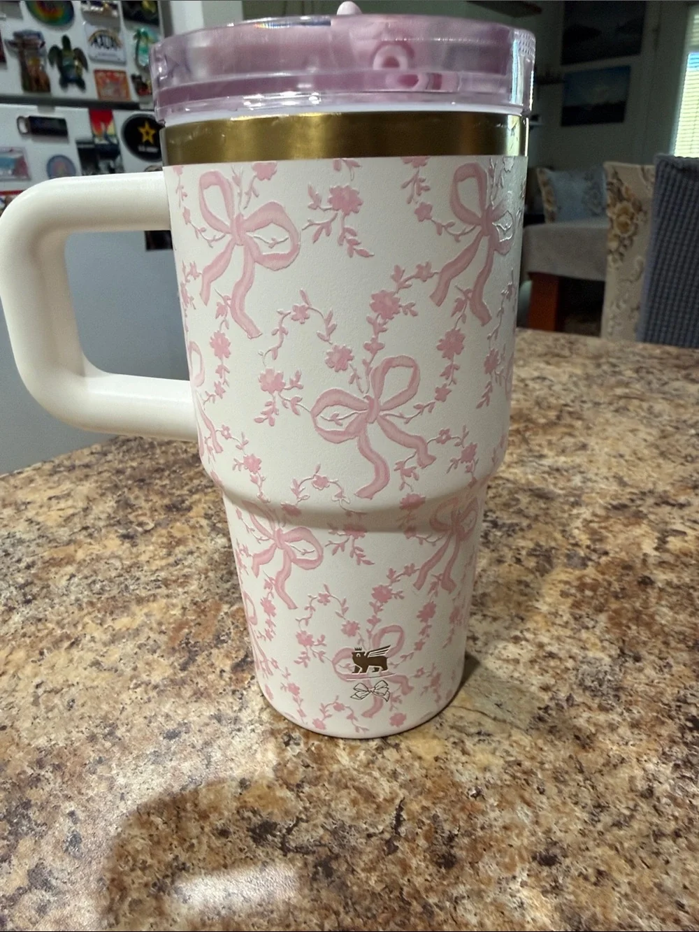 Stanley Cream and Pink Floral Insulated Travel Mug with Handle